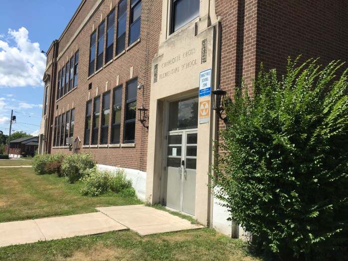 Charlotte Cross Elementary School exterior fallout shelter sign