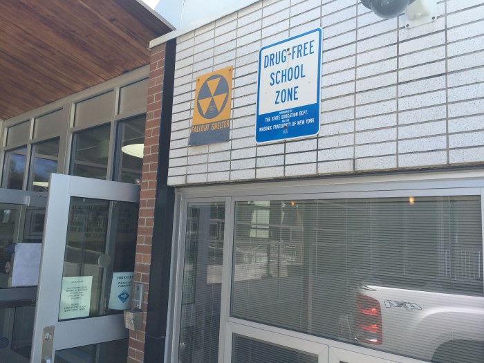 Roy Kelley Elementary School exterior fallout shelter sign