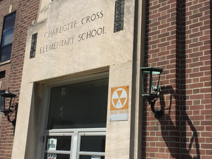 Charlotte Cross Elementary School exterior fallout shelter sign