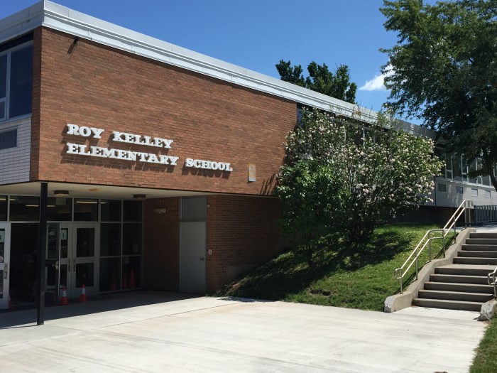 Roy Kelley Elementary School exterior fallout shelter sign